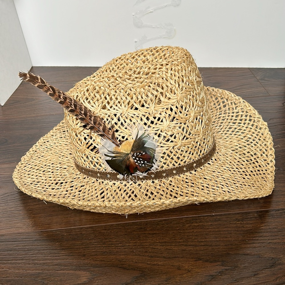 Vintage Cowboy Bailey U-Rollit Style Straw Cowboy Hat With Feather details